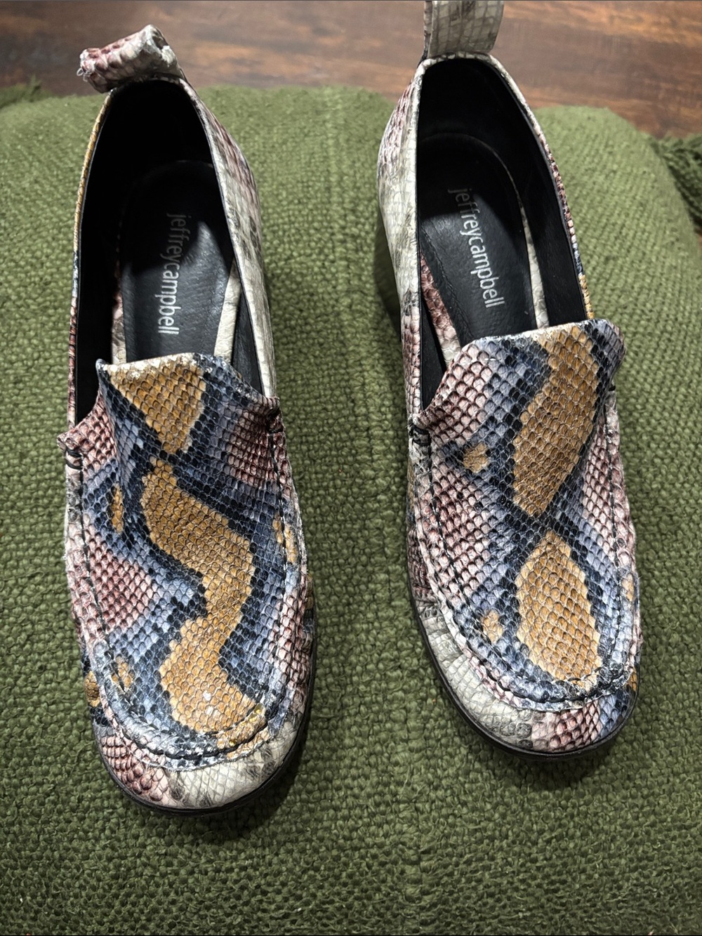 Jeffrey Campbell Multicolor Snakeskin-Trim Loafers in Black, Cream & Brown